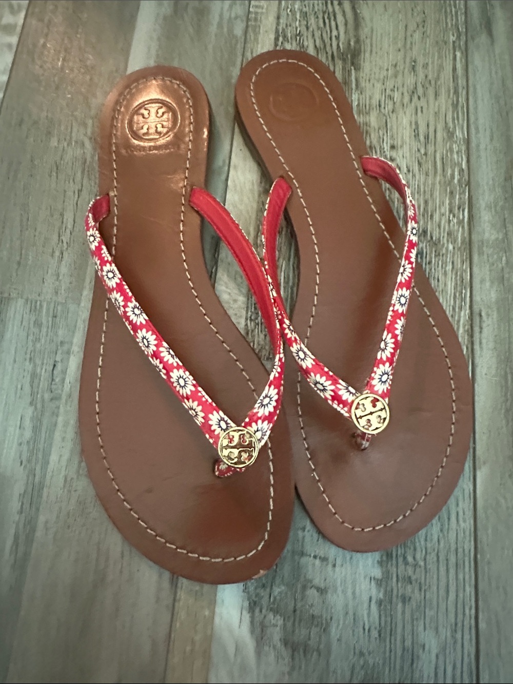 Tory Burch Red Floral Strap Brown Leather Flip Sandals with Gold Logo